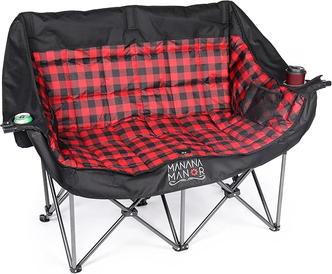 Double Camping Chair with 650lbs Weight Capacity for 2 Person – Portable & Foldable Extra Padded Camping Couch with Cup Holder & Carry Bag for Patio, Beach, Lawn, RV, Camping, Tailgate