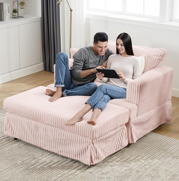 Indoor Chaise Lounge Chair with Ottoman, Comfy Faux Fur Plush Corduroy Lounge Sofa, Modern Cloud Couch Chair with Wide Armrests (Pink (No Storage))
