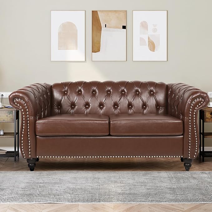 QHITTY Chesterfield Loveseat, Accent Sofa Modern Leather Couch Upholstered Sofa with Tufted Back for Living Room Furniture (Dark Brown)