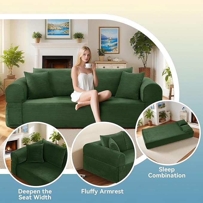GJQ 83" Boneless Couch for Living Room,Corduroy 3 Seater Sofa in a Box with 4 Pillows & Storage Pocket,No Assembly Cloud Sofa Bed Oversized Floor Sofa,Green