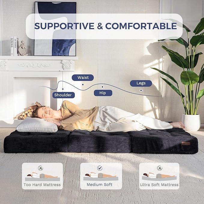MAXYOYO Tri-Fold Mattress, 6 Inch Tufted Folding Futon Foam Bed, Foldable Floor Mattress Guest Bed Futon Topper Portable Camping Sleeping with Corded Fabric, Black, 59"x79"