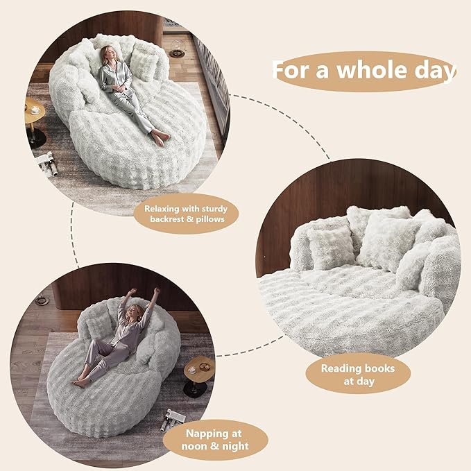 Oversized Chaise Lounge Chair Indoor with Ottoman 55" W x 75" L Round Reading Chair Plush Faux Fur Corduroy Cloud Circle Boneless Chair with 5 Pillows for Living Room - Beige White