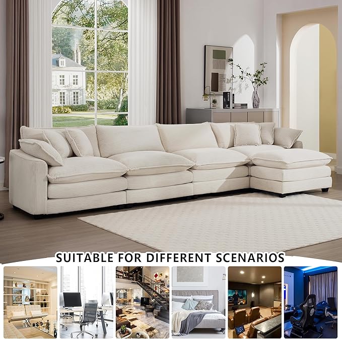 Aoowow Corduroy 4 Seater Cloud Couch with Ottoman,Modern Cloud Couches for Living Room,Modular Sectional Cloud Sofas with Deep Seat,Oversized Tufted L-Shaped Sofa Set (Beige, 4 Seater + 1 Ottoman)