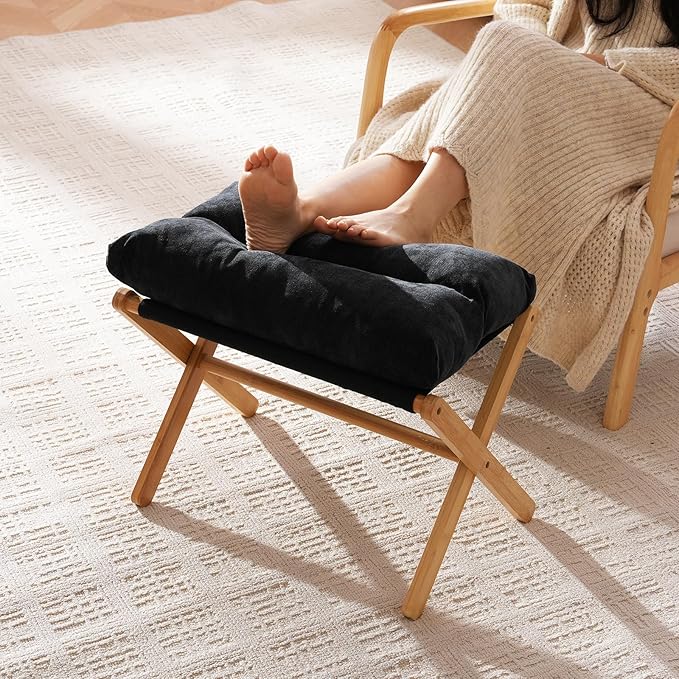 Ottoman Foot Rest- Bamboo Foldable Stool, Foot Stools Small Ottman with Upholstered & X Legs, Folding Stool for Makeup, Bedroom and Living Room (Black)