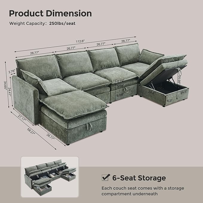 112.6" Sectional Couches for Living Room, Cloud Couch Sectional with Large Storage, U-Shape Modular Sectional Sofa with Ottoman, 6 Seater Chenille Sofa with Pillow for Apartment, Bedroom, Green