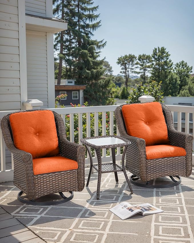 ACTREST 3 Piece Patio Swivel Chairs and Side Table Set - High Back Outdoor Brown Wicker Rattan Rocking Glider with Thick Cushions for Porch Apartment Deck Yard Poolside Garden - Orange