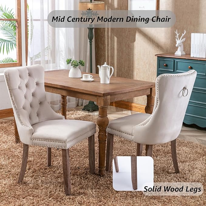 YeahFurn Beige Mid Century Modern Dining Chairs Set of 6, Velvet Upholstered Kitchen & Dining Room Chairs with Nailhead Trim & Solid Wood Legs, Elegant Sillas De Comedor (Beige, 6 Pcs)