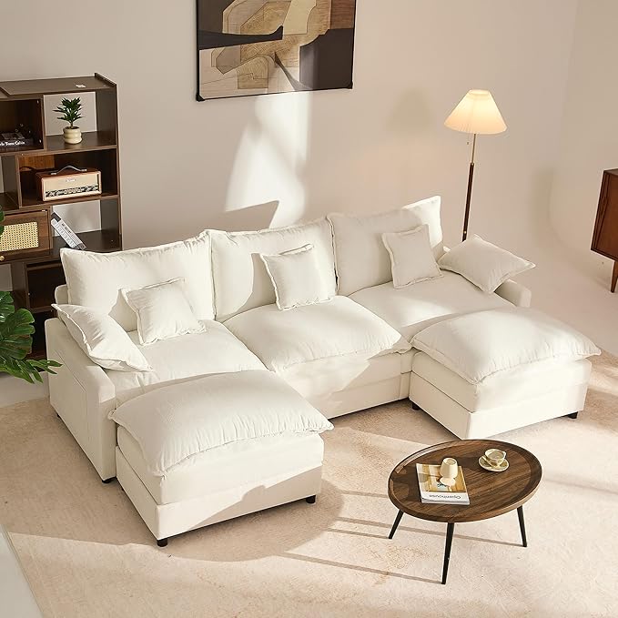 GOSUHI 108" U Shaped Couch, Modular Sectional Sofa, 3-Seater Comfy Cloud Couch with Movable Ottoman, Deep Seat Couches for Living Room, Chenille, Ivory