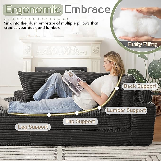 Antetek Chaise Lounge Chair Indoor, Convertible Folding Futon Sofa Bed w/ 5 Pillows, Fluffy Corduroy Boneless Compressed Memory Foam Couch for Living Room, Bedroom (Black, Left Half)