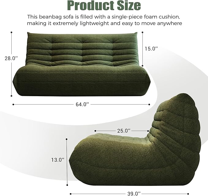 Selyteramy 3 Seat Oversized Bean Bag Chairs for Adults, Memory Foam Fireside Beanbag Couch, Comfy Bean Bag Lounger Lazy Sofa for Living Room, Bedroom, Playroom, Green