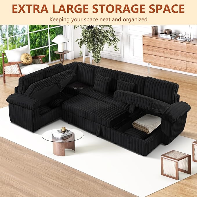 Modular Sectional Sleeper Sofa with Pull Out Bed, Storage Chaise & USB Charging, U Shaped Plush Corduroy Sectional Couches for Living Room, Comfy Convertible 7 Seat Cloud Sofa Bed, Dark Black