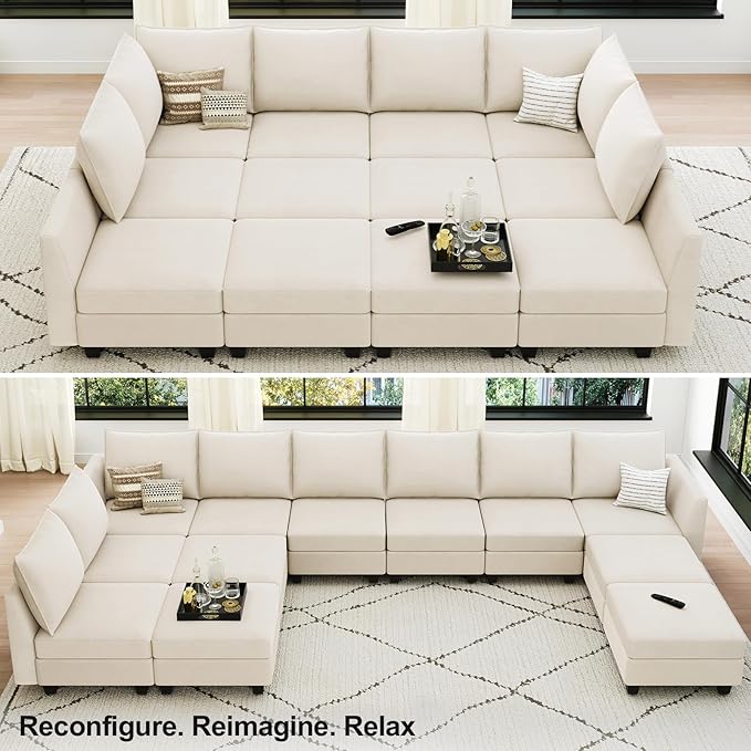Belffin Oversized Modular Sectional Couch Sleeper Sofa with Storage Velvet Sectional Sofa Bed for Living Room, 12 Seats, Beige