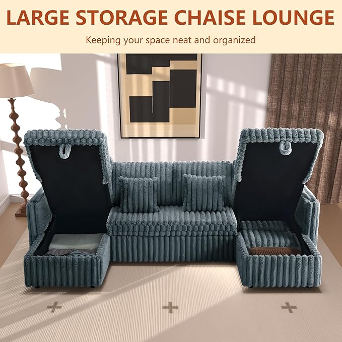 107" Sectional Sleeper Sofa with Pull Out Bed, Comfy Fluffy Plush Corduroy Cloud Sectional Couches for Living Room, U Shaped Modular Couch with Storage Chaise Cup Holder & USB Charger Dark Grey