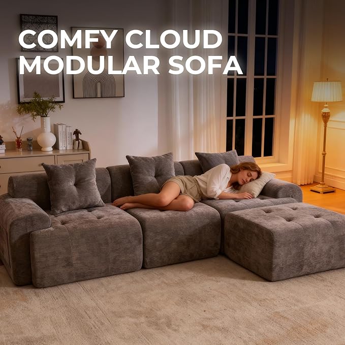 YAAREE 129.23”Modular Sectional Couch for Living Room, Modren L-Shape Cloud Sectional 4-Seater Sofa with Movable Ottoman, Woven Texture Upholstery Boneless Couch, No Assembly, Grey