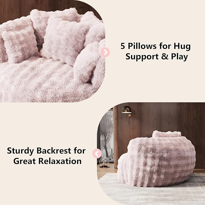 Oversized Chaise Lounge Chair Indoor with Ottoman 55" W x 75" L Round Reading Chair Plush Faux Fur Corduroy Cloud Circle Boneless Chair with 5 Pillows for Living Room - Pink