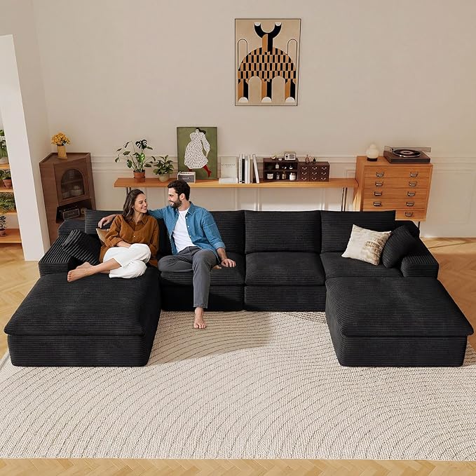136" Cloud Sectional Couch with U-Shaped Chaise,Corduroy Viral Boneless Sofa with Ottoman,Memory Foam Couches in a Box with Deep Seat for Living Room,No Assembly Required (Black,Left-Facing Chaise)