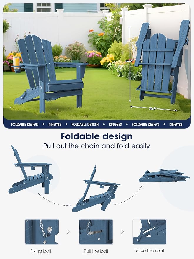 KINGYES Folding Adirondack Chair Set of 6, HDPE All-Weather Patio Chairs with Cup Holder, Wooden Textured Fire Pit Chairs for Poolside, Backyard, Deck, Navy