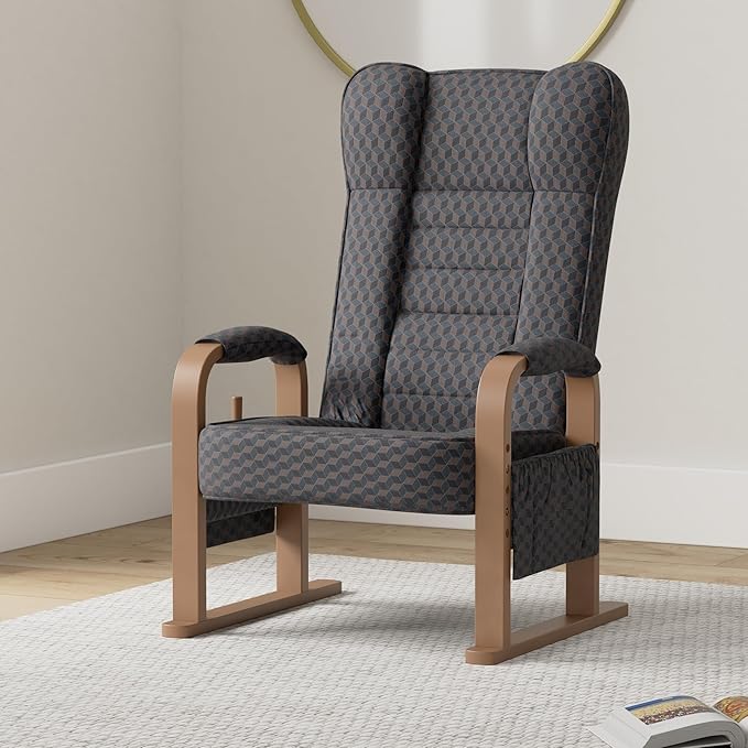 EMOOR Tatami Chair Japanese-Style Chair RYOKAN (Navy), Wooden Armrest & Sled Base Recliner Hight-Adjustable Upholstered Single Futon Sofa
