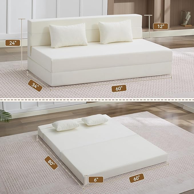 Folding Sofa Bed Convertible Floor Couch Foldable Chair Bed with Pillow，Linen Sleeper Chair Futon,Foldable Memory Foam Mattress for Bedroom/Living Room/Dorm/Office (Beige, Queen)