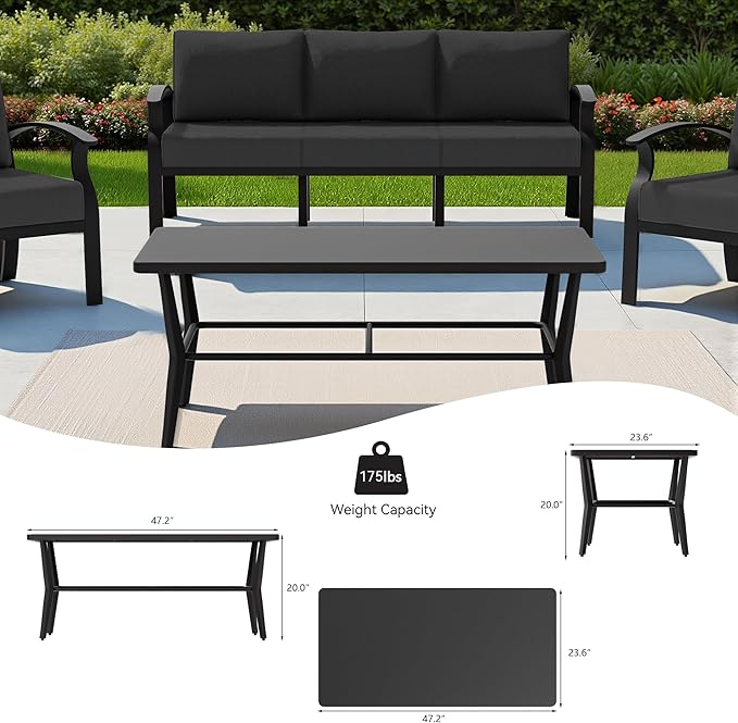 RTDTD Aluminum Outdoor Patio Furniture Set,5 Seats Patio Conversation Sets with Rectangular Coffee Table,Metal Patio Sectional Furniture Set with 5.1" Thickened Cushions,Black