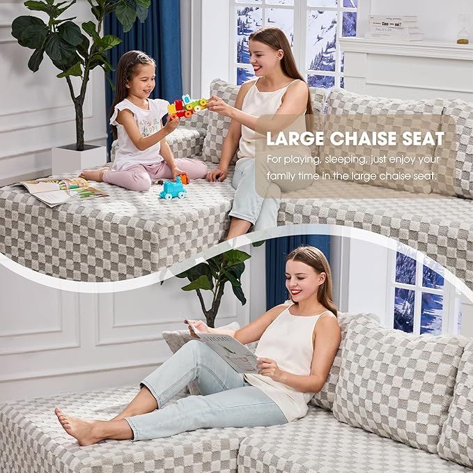 Modular Sectional Sofa Couches L-Shape Couch 3 Seat Modular Sofa Memory Foam Sectional Couches for Living Room, Cloud Couch with Oversized Chaise (GREYGREEN Check, 96" Left Facing Chaise)