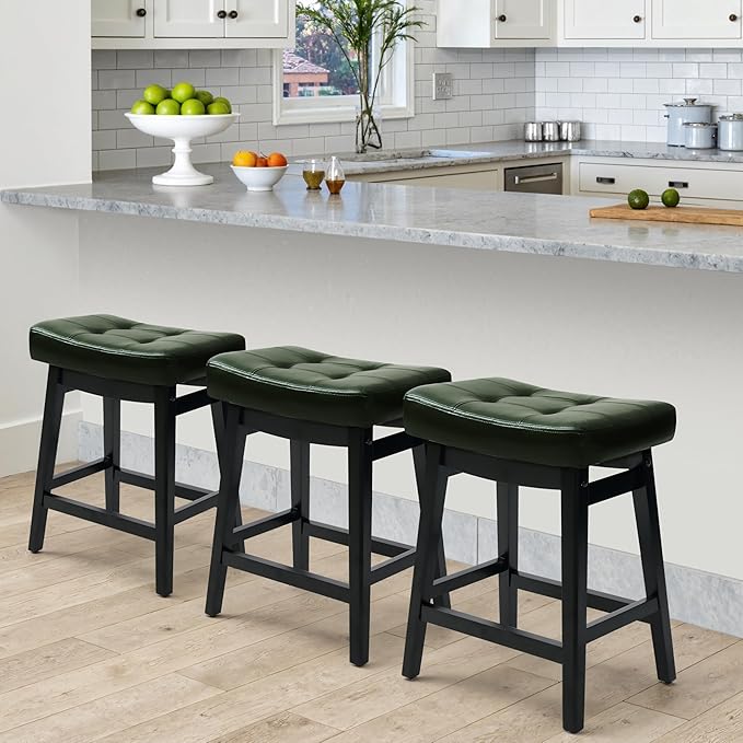 RNKSFX Counter Height Bar Stools Set of 2 for Kitchen Counter Farmhouse Modern Barstools with Faux Leather Upholstered Backless Seat and Solid Wood Legs 24 inch Bar Chairs, Green + Black