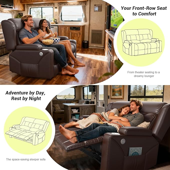 FURNIMAT RV Loveseat Recliner Sofa, 2 Seater Reclining Loveseat Sofa, PU Leather Dual Recliner Couch, Modern Loveseat Couch for Living Room, with Cup Holder and USB Ports, Brown