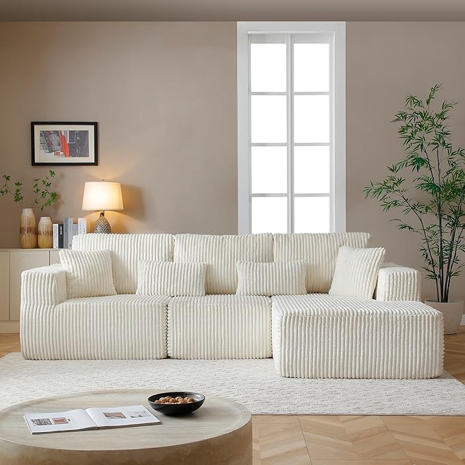 108" Boneless Cloud Sectional Couches for Living Room, Comfy Fluffy L Shaped Memory Foam Deep Seat Boneless Couch, Modular Sectional Sofa with Right Facing Chaise, Beige