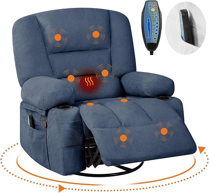 Rocker Recliner Chairs for Adults w/Vibration Massage and Heating,360° Swivel Rocker Glider Recliner,Extra Wide Manual Lazy Chair,Chenille Fabric Sofa Chair for Living Room,Bedroom,Blue