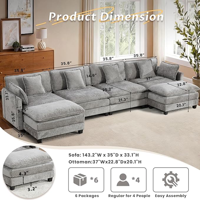 SoarFlash 149.61" Chenille Sectional Sofa, Comfy U Shaped Modular Coush Sofa with Ottoman, Modern 4 Seat Couch Deep Seat Sofa Set for Living Room,Grey