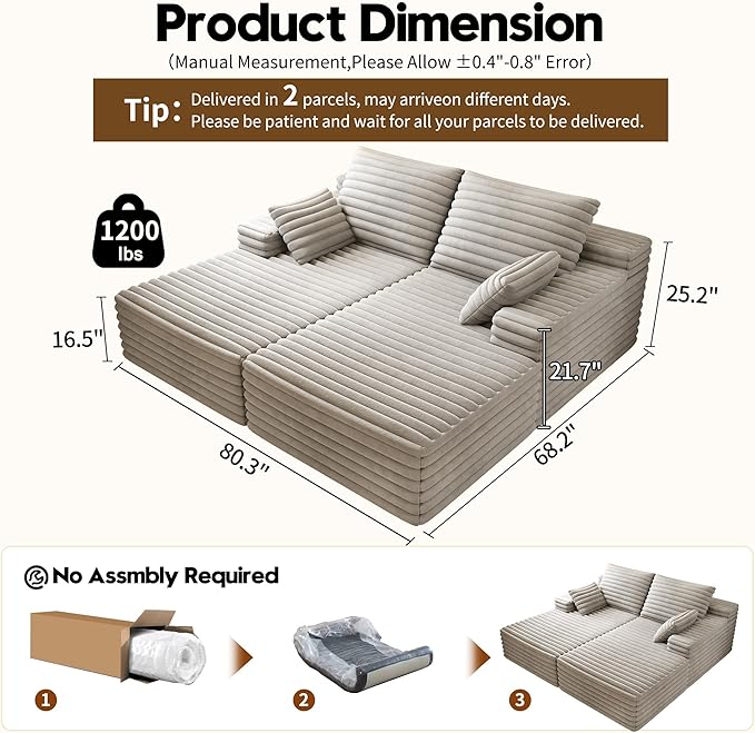 80” Oversized Double Lounge Chaise,Cloud Plush Sofa Bed,Upholstered Boneless Cloud Sofa Deep Seat,No Assembly Required,Modern Corduroy Sleeper Loveseat Chair for Living Room Bedroom Reading,Grey
