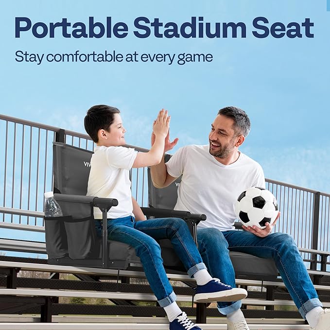 VIVOHOME Stadium Seats with Back Support and Cushion, 2 Pack Portable Bleacher Chairs with Cup Holder and Shoulder Strap