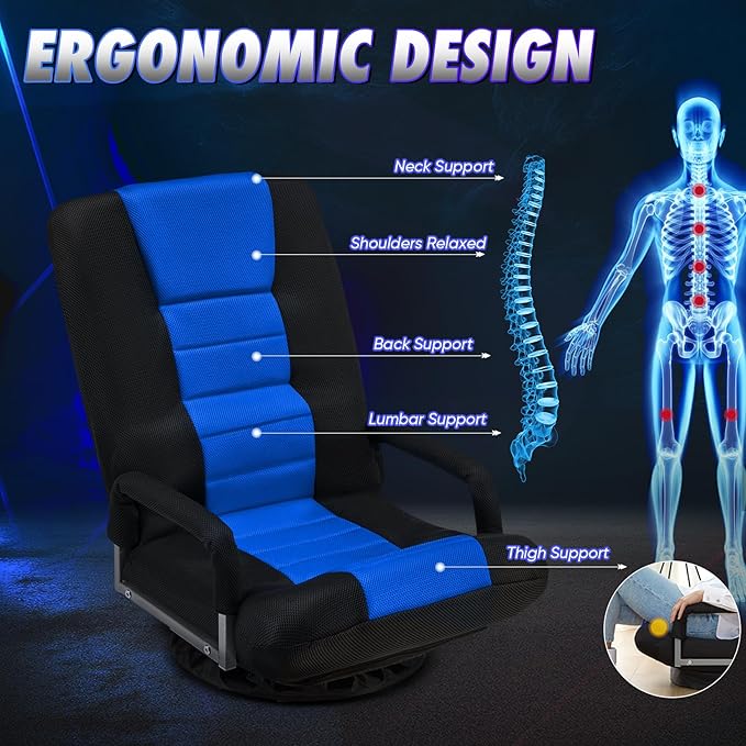 Swivel Gaming Chair 360 Degree Multipurpose Floor Chair w/Armrest & 6 Adjustable Postions Backrest for Adults & Kids, for Reading, Gaming, Watching, Relaxing, Blue
