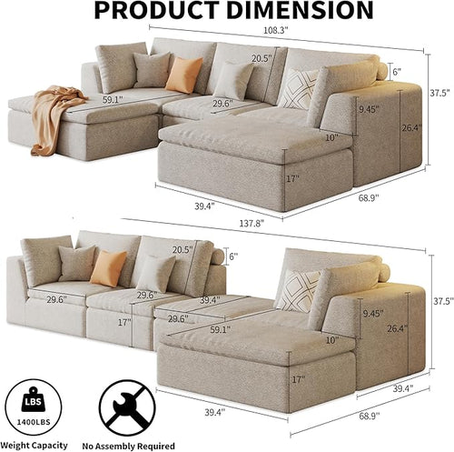 109" Modular Sectional Sofa with Deep Seat, Oversized U-Shaped Cloud Couch for Living Room with 2 Ottomans, Boneless Memory Foam Teddy Fleece Sofa, No Tools Assembly Required (Beige,2 Ottomans)