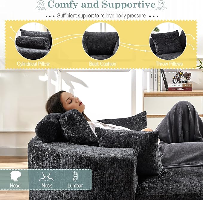 Oversized Round Chaise Longue Chair Indoor, Modern 55-inch Upholstered Chenille Deep Seat Circle Single Cloud Lounge Floor Sofa Chair for Living Room, Bedroom Apartment, Black