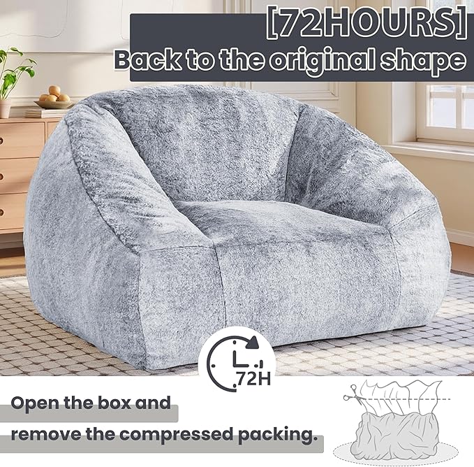 Bean Bag Chairs for Adults, Giant Beanbag Sofa Comfy Reading Chair, Oversized Bean Bag Chairs for Living Room Bedroom, Soft Faux Fur Fabric, 3.2FT, Dark Grey, Plush