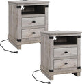 RedLemon Farmhouse Nightstand Set of 2 with Charging Station, 18" Rustic Night Stand with 2 Storage Drawers, Wood End Table for Bedroom, Living Room, Light Rustic Oak