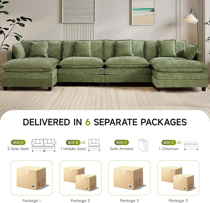 UMBFUN 4-Seater Cloud Couch with 2 Ottomans, Extra-Large Modular Sectional U Shaped Sofa with Deep Seat Cushions, Chenille Couch for Living Room, Green