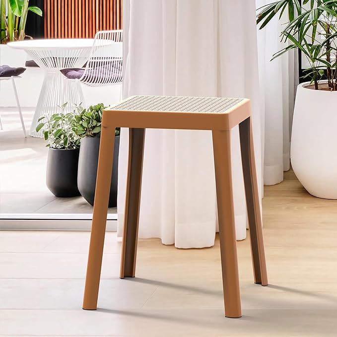 LeisureMod Tresse Mid-Century Modern Square Plastic Dining Stool Set of 2, Stackable Accent Stools with Breathable Seat, Lightweight Seating for Kitchen, Dining Room, Bedroom, or Entryway (Yellow)