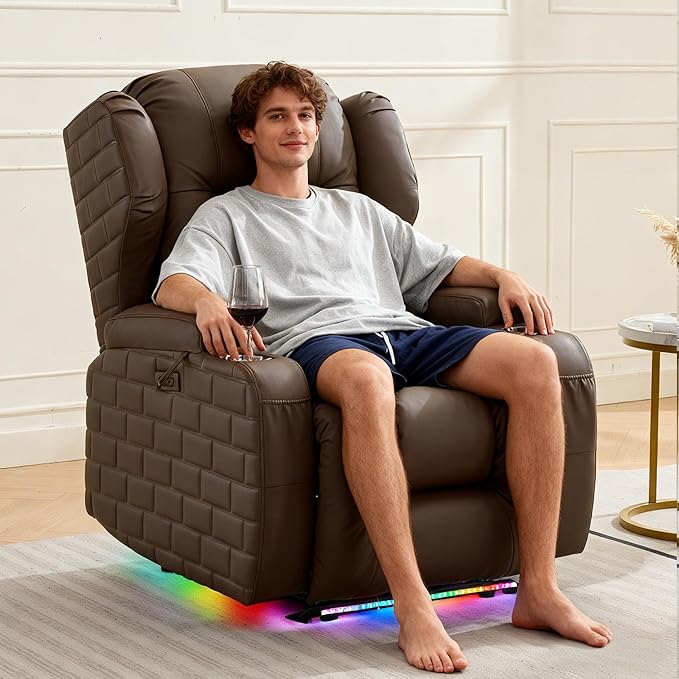Wall Hugger Power Recliner Chair with Heat and Massage, Overstuffed Reclining Sofa Chair for Living Room Home Theater RV with 3-Side LED Lights/Cup Holders/USB & Type C Port (Coffee)