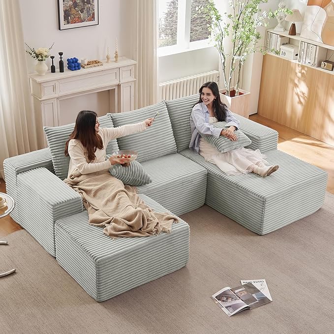 107" W Cloud Sectional Couch with Ottoman,Modern U-Shaped Cloud Couch with Deep Seat,Comfy Corduroy 3-Seater Sofa,Memory Foam Sofa for Living Room,No Assembly (Grey,Right-Facing Chaise)
