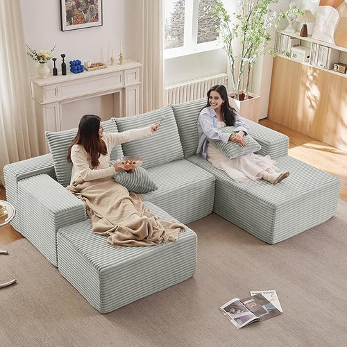 107" W Cloud Sectional Couch with Ottoman,Modern U-Shaped Cloud Couch with Deep Seat,Comfy Corduroy 3-Seater Sofa,Memory Foam Sofa for Living Room,No Assembly (Grey,Right-Facing Chaise)