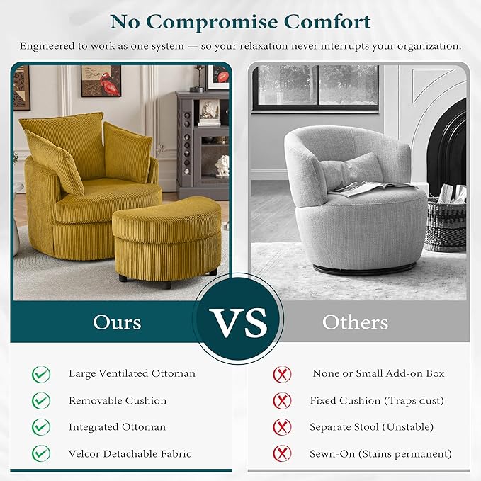 Chorlenimi Swivel Accent Chair Round Barrel Armchair Upholstered Living Room Chair Corduroy Reading Chair Single Sofa Chair for Bedroom Apartment Office (Yellow, Upgrade 1Seater+ Ottoman)