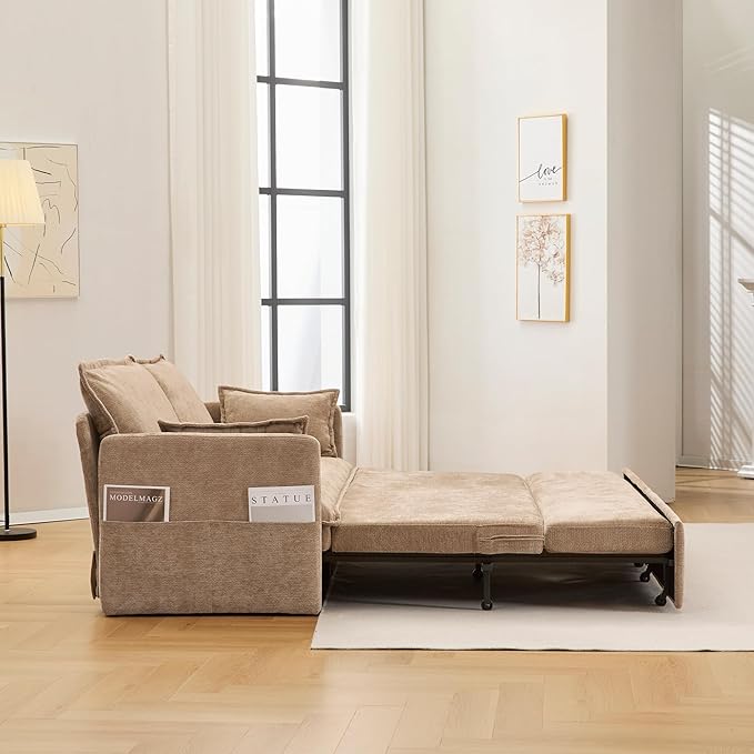 GRAINLLE Pull Out Couch,Loveseat Convertible Sleeper Sofa Bed with USB,Pull Out Sofa Bed Side Storage,2 Pillows,Corduroy Sleeper Couch for Living Room,Bedroom,Apartment,Pet-Friendly (Khaki, 59.5'')
