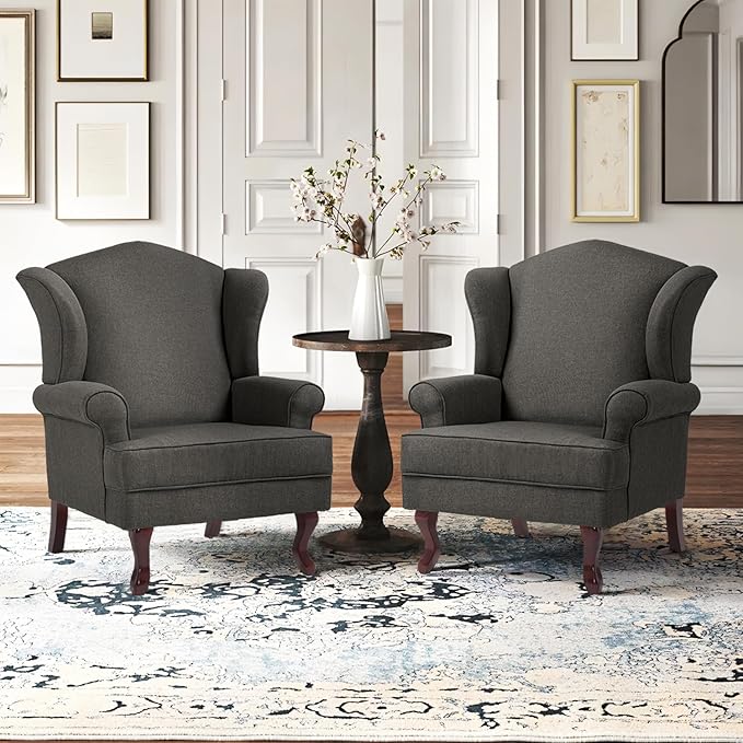 DREAMSIDEA Accent Chair, High Back Upholstered Armchair with High Resilience Sponge & Wood Legs, Mid-Century Modern Comfy Single Sofa Reading Chairs for Living Room, Bedroom (Dark Grey, Set of 2)