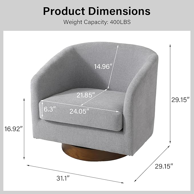Swivel Barrel Chair, Modern Round PU Leather Accent Armchair for Living Room, Bedroom, Oversized Comfy Club Reading Chairs for Adults (Chenille Light Grey, Set of 2)