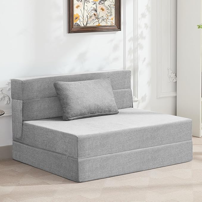 Folding Sofa Bed Convertible Floor Couch Foldable Chair Bed with Pillow，Linen Sleeper Chair Futon,Foldable Memory Foam Mattress for Bedroom/Living Room/Dorm/Office (Light Grey, Standard)