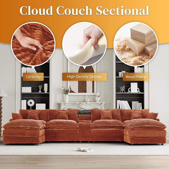 HYJT-H&K 145" U Shaped Cloud Couch Modular Orange Sectional Couches for Living Room, Comfy Fluffy Corduroy Oversized Cloud Sectional Couch Large 6 Seat Sectionals Sofa Set Central Console USB Port