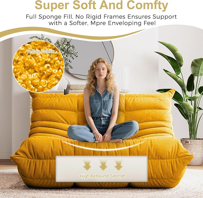 Selyteramy Bean Bag Chairs for Adults, Giant Bean Bag Chair Sofa with Memory Foam, Comfy Beanbag Loveseat Lazy Sofa for Living Room, Bedroom, Apartment, Yellow