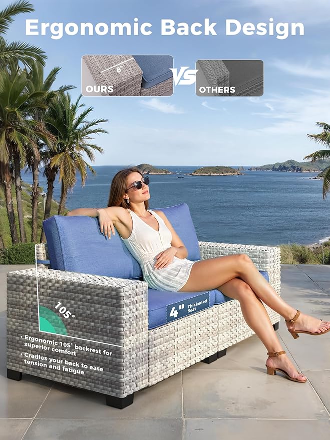 13 Piece Outdoor Wicker Rattan Sectional Sofa Set with 55,000 BTU Fire Pit Table, 10-Seats with 4" Thickened Cushions & Coffee Table, All-Weather PE Rattan for Garden, Backyard, Porch, Blue